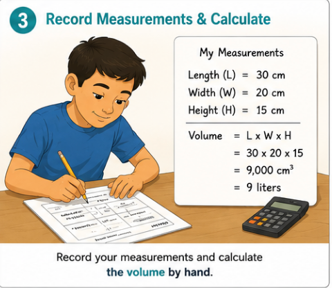 Learner recording container measurements and calculating volume by hand on a worksheet.