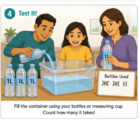 Learner testing a container capacity estimate by filling it with bottles of known volume.