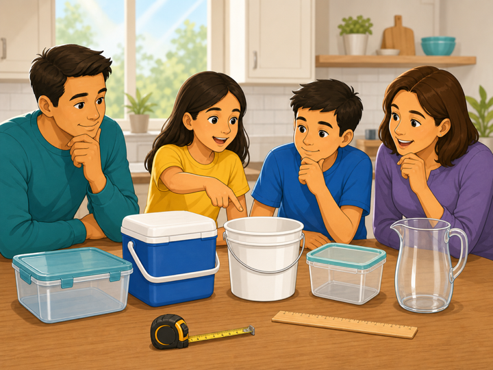 Learners choosing another waterproof household container such as a cooler, bucket, storage bin, food container, or pitcher for a volume challenge.