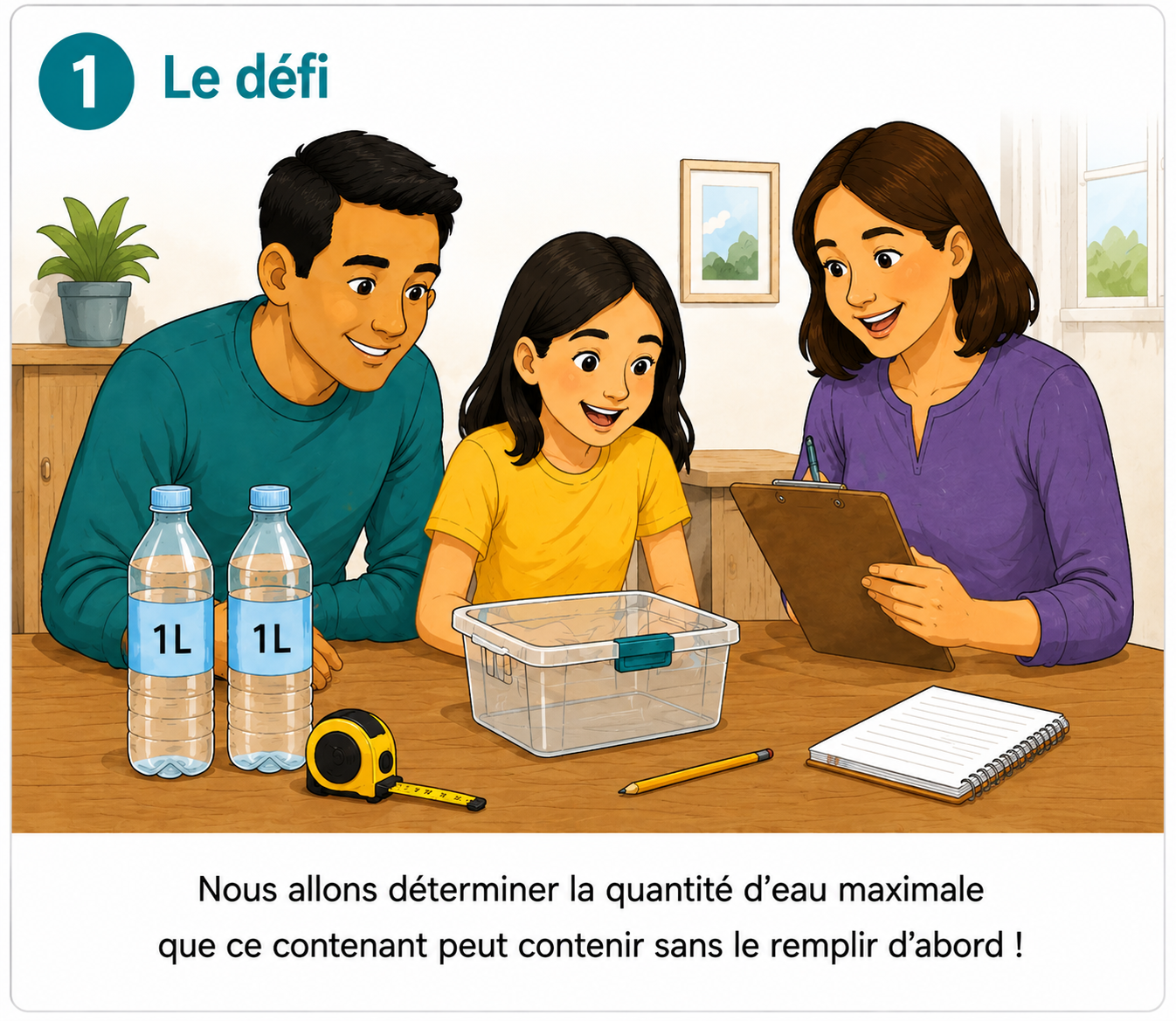 Apprenant qui estime combien de bouteilles pourraient remplir un contenant.