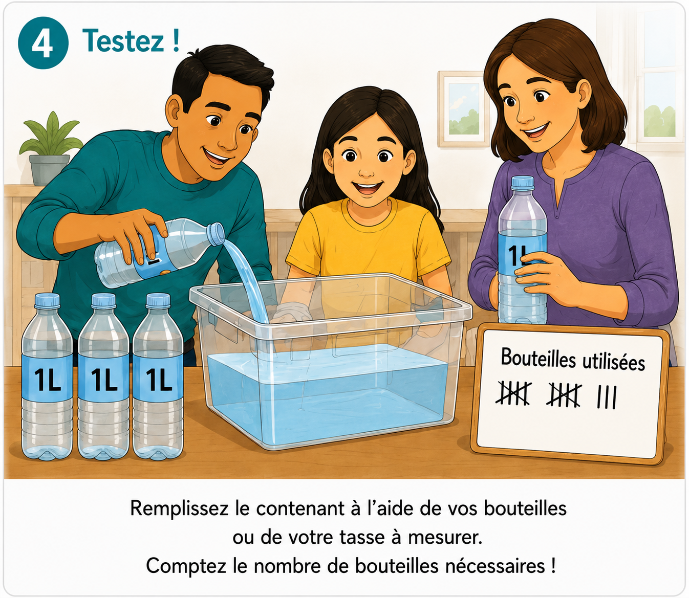 Apprenant qui teste la capacité d’un contenant avec des bouteilles.