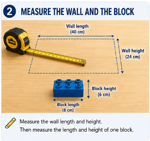 Tape measure showing the length and height of a model wall area and the length and height of one toy block.