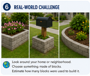 Small real-world block projects including a planter, mailbox enclosure, and curved landscape border for estimating block counts.