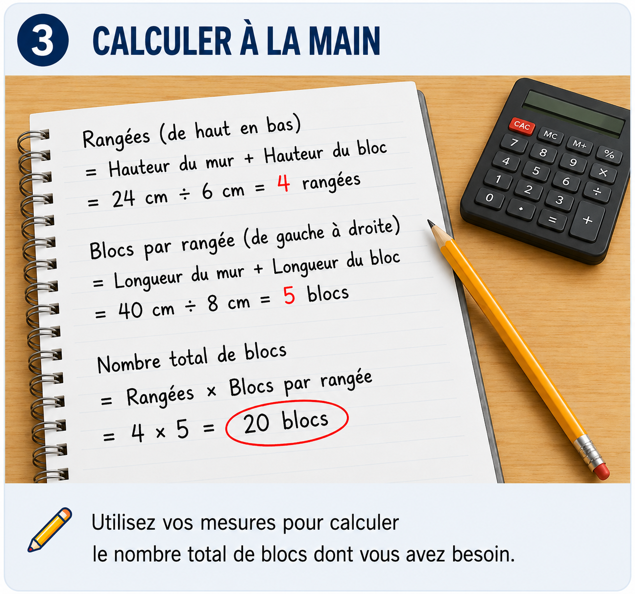Fiche de calcul montrant l’aire du mur, l’aire d’un bloc et le nombre de blocs estimé.