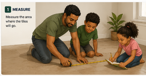Family measuring a small rectangular surface and one tile without showing a completed tile layout.