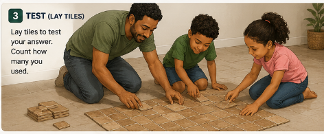 Family placing paper tiles or sample tiles on the measured rectangular surface to test the calculation.