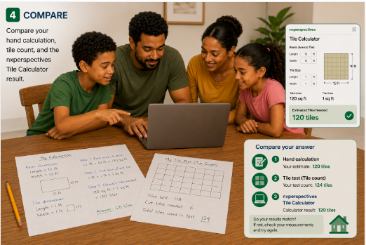 Family comparing a hand calculation, tile test count, and a callout for the nxperspectives Tile Calculator.