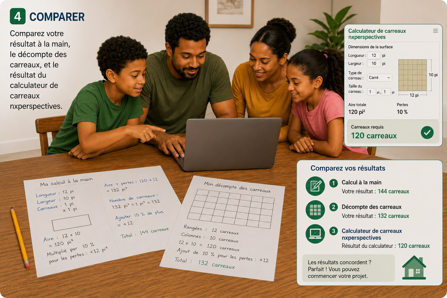 Famille qui compare un calcul à la main, un test avec des carreaux et le calculateur de carreaux.