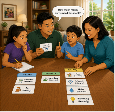 Family sorting weekly, biweekly, and monthly expense cards while asking how much money they need this month.