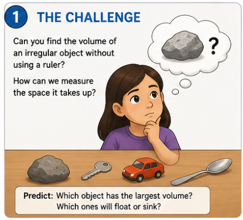Learner comparing irregular objects and asking whether volume can be found without a ruler.