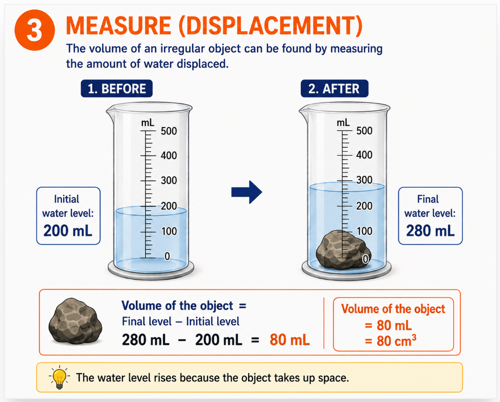 Learner reading the initial and final water levels in a graduated container after submerging an irregular object.