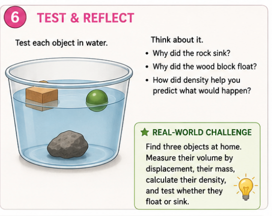 Learner comparing floating and sinking results with object density notes.