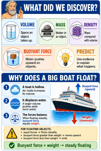 Large ship floating because its hollow shape displaces enough water to balance its weight.