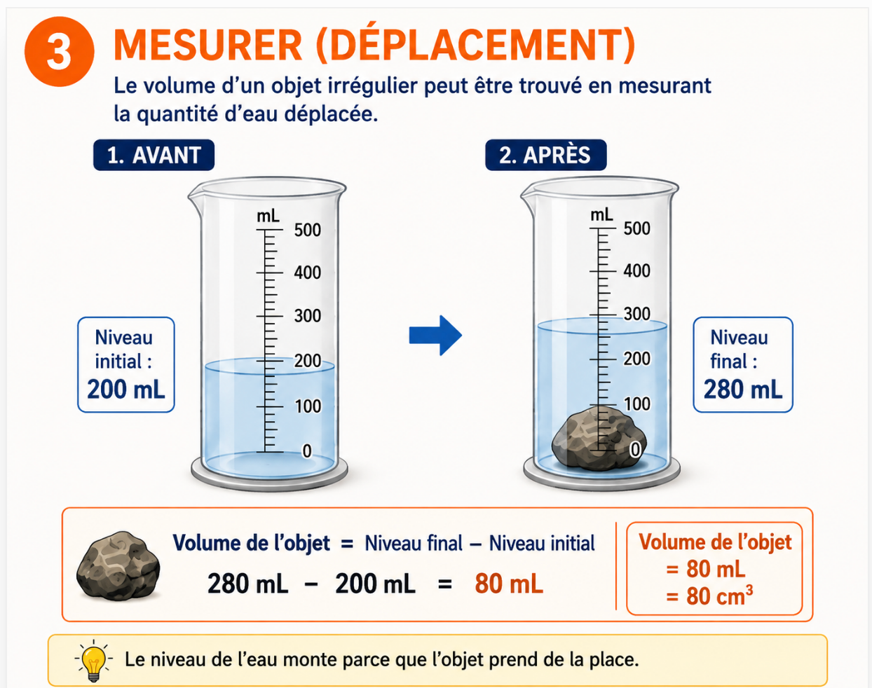 Lecture du niveau d'eau initial et final dans un contenant gradué.